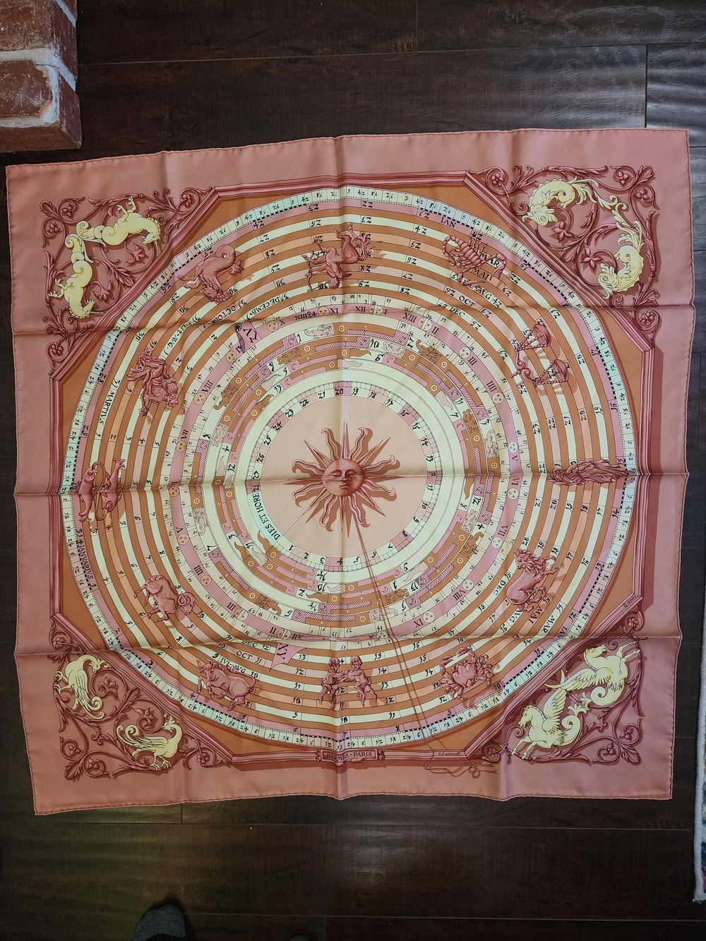 Pink Hermès "Dies et Hore" (Astrologie) scarf 35" x 35"